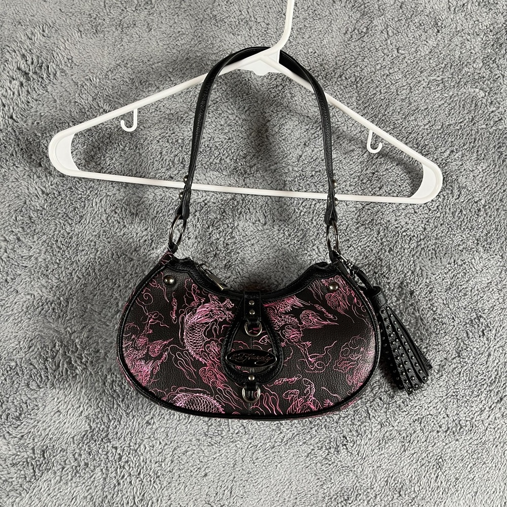 Ed Hardy Crescent Shoulder Bag Womens Black Pink Dragon Tattoo Print Leather
